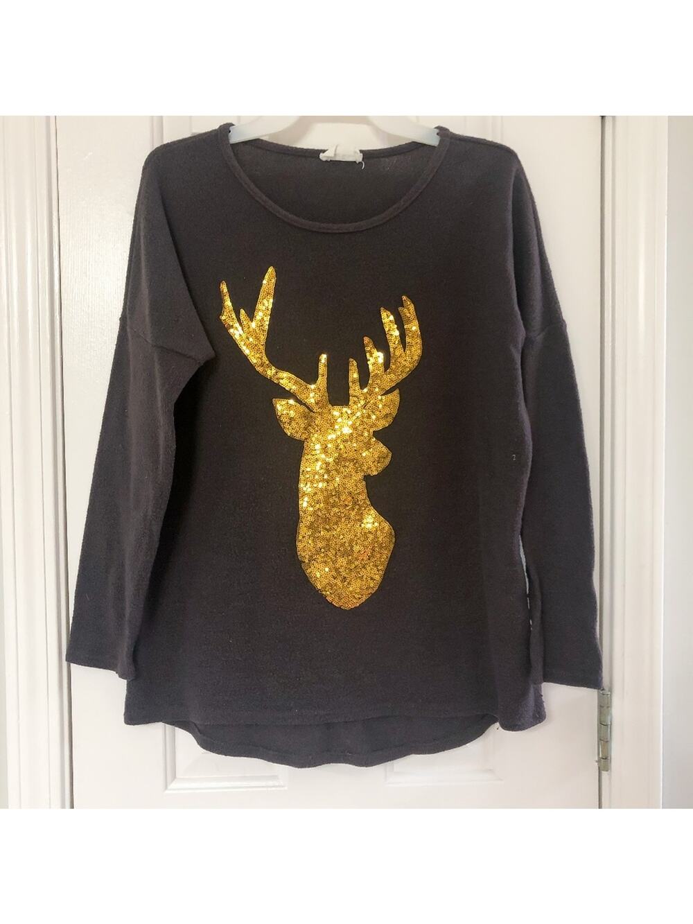 STYLE ROCK • Gold Sequins Deer Stag Brown Fleece Tunic Top